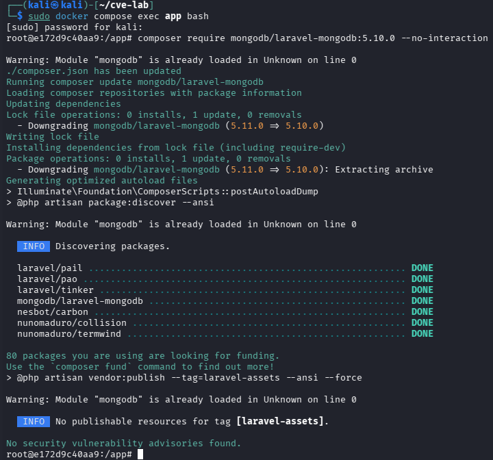 Downgrading mongodb/laravel-mongodb to 5.10.0 in the lab container